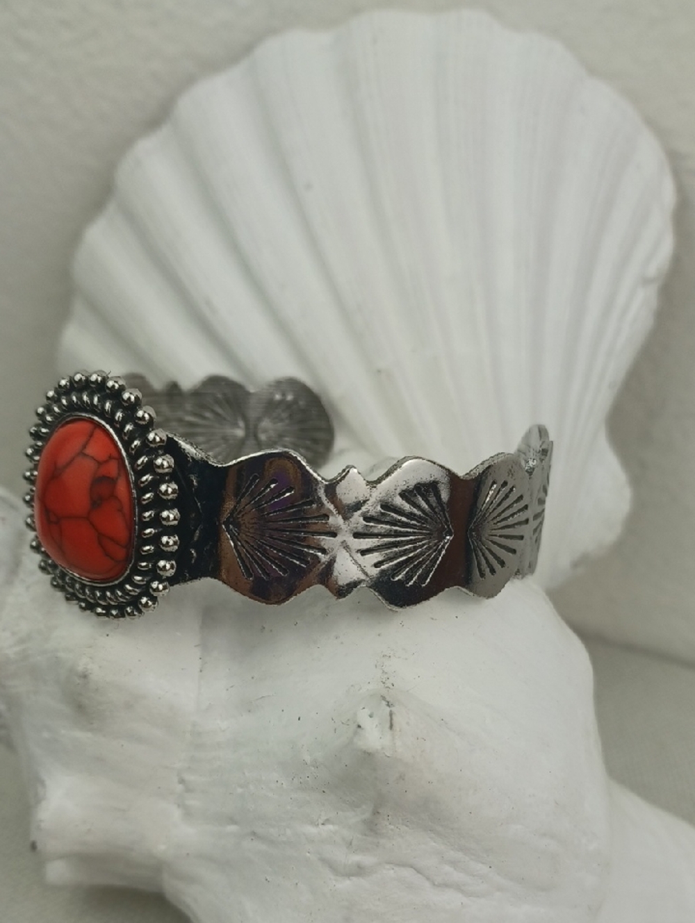 Southwest Sterling-Style Silver Cuff Red Stone Bracelet - Picture 2 of 9